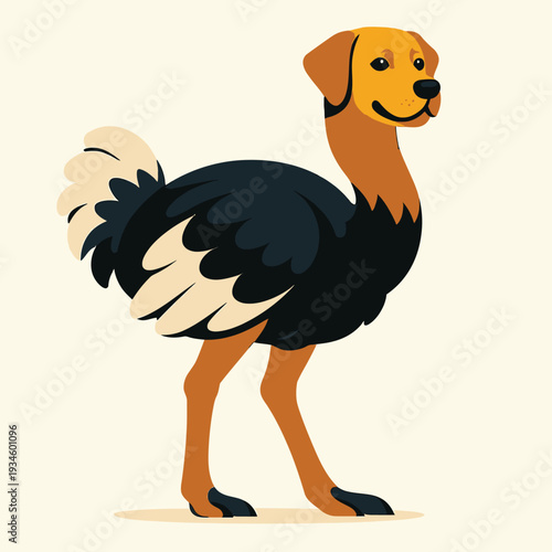 A cartoon illustration of a dog with a rooster's body and tail feathers standing on a plain beige background with a mix of brown, black, and white colors.