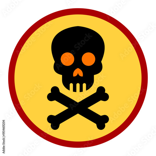 Danger warning sign featuring a black skull and crossbones with orange eyes inside a yellow circle and red border for poison and toxic hazard alerts.