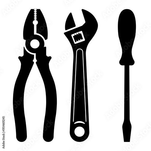 Essential hand tool silhouette set featuring professional pliers, an adjustable wrench, and a flat-head screwdriver isolated on a white background for repair and maintenance.