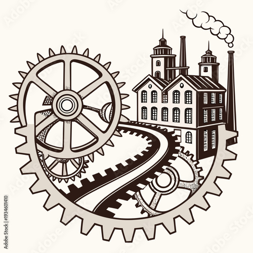 Schilderij op canvas Retro Industrial Town with Classic Factories and Winding Roads Encased in a Larg