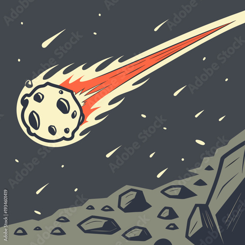 Fiery Asteroid or Meteoroid Streaking Across a Starry Alien Sky Above a Rocky, Barren Landscape