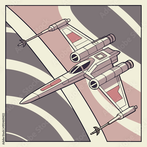 Foto Vintage Sci-Fi Spaceship Illustration: Classic X-Wing Fighter in Retro Style wit