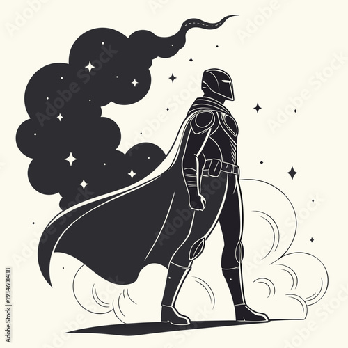 Powerful Futuristic Superhero in Armored Suit and Cape Standing Confidently Amidst Stars and Smoke, Comic Book Style Vector Illustration