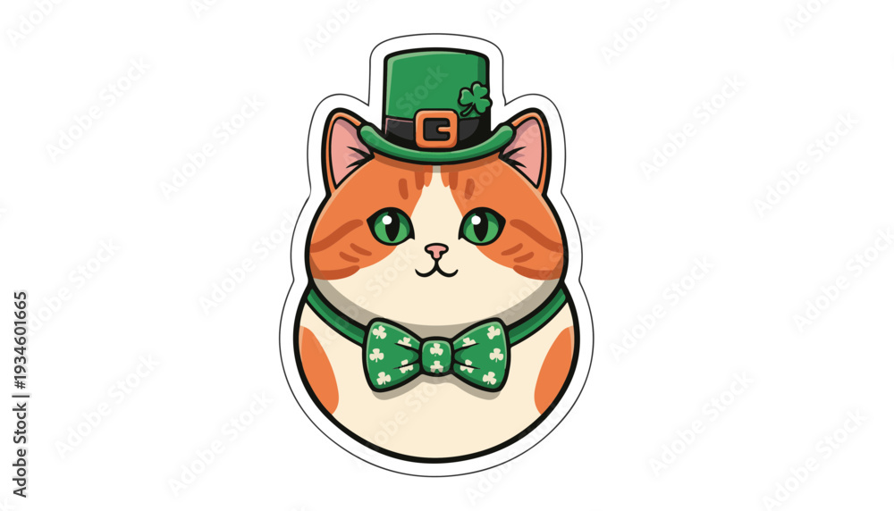 Fototapeta premium Vector ginger cat wearing green bowtie and tiny leprechaun hat for St Patricks Day pet apparel and festive branding