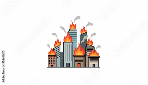 Cityscape with Burning Buildings and Smoke Rising into the Air