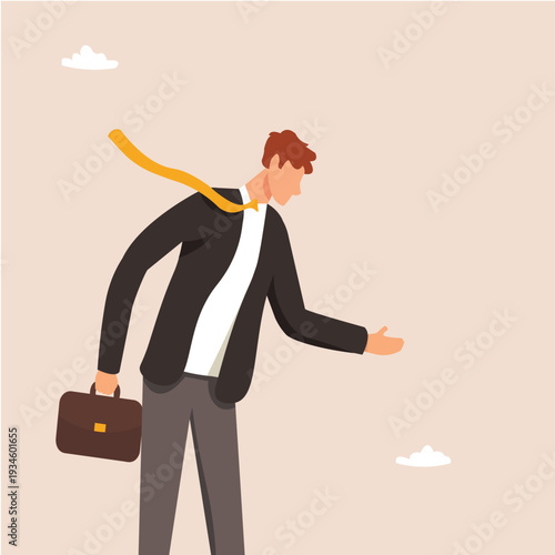 Businessman apologizing with lowered head and briefcase, flat vector illustration with copy space, Corporate employee saying sorry gesture, business apology concept, flat vector Professional apology 