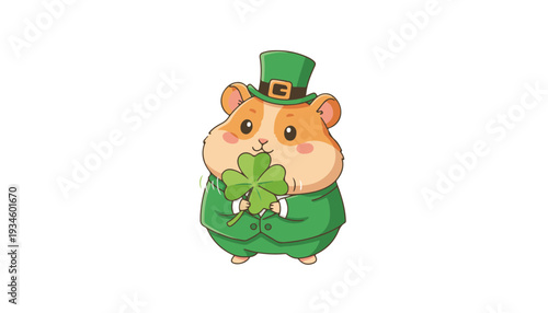 Tiny hamster in leprechaun costume holding four leaf clover for St Patricks Day social media and animal care branding