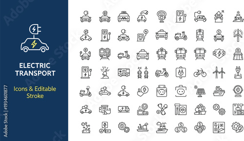 Set of Electric Transport Icons, EV Charging Station, Green Energy Symbols, Sustainable Vehicle Logistics, Eco Friendly Infrastructure, CAD Drawing Flat Vector Illustration