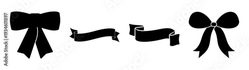 Set of black ribbon icons, bow and banner vector illustration, flat design elements