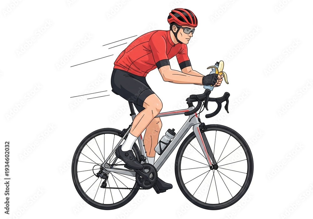 Naklejka premium Male Road Cyclist Eating Banana for Energy While Riding Bike. Sport, Nutrition & Healthy Lifestyle. Fueling Performance, Endurance & Training Illustration on White.