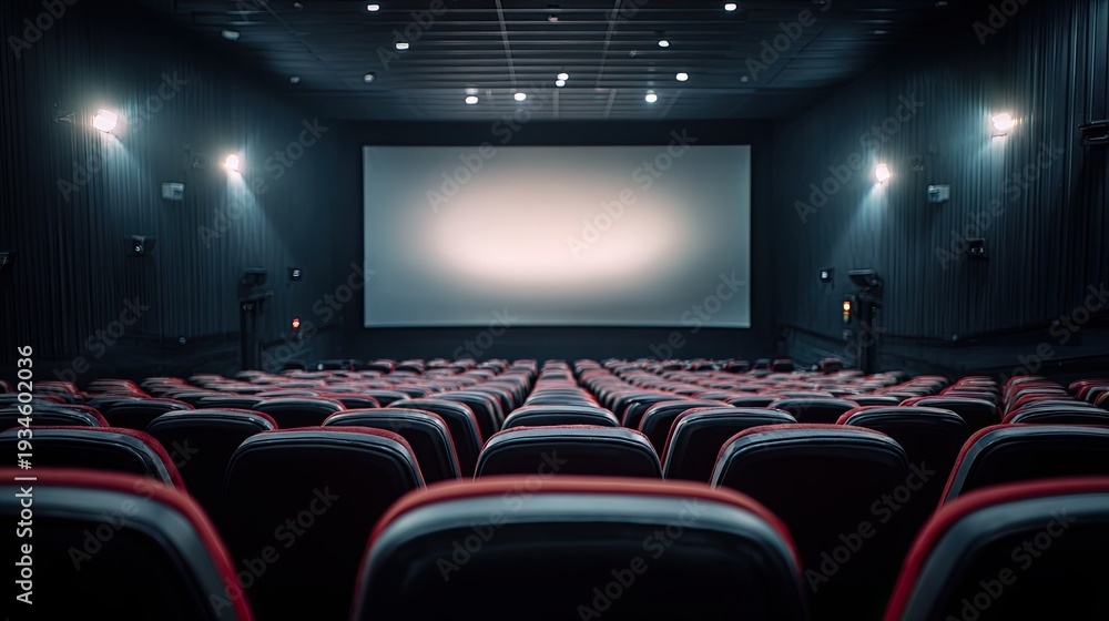 Fototapeta premium An empty cinema hall with rows of red and black seats facing a blank projection screen