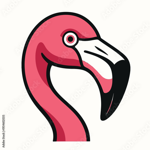 A cartoon pink flamingo head with a white background and black outline in a flat illustration style.