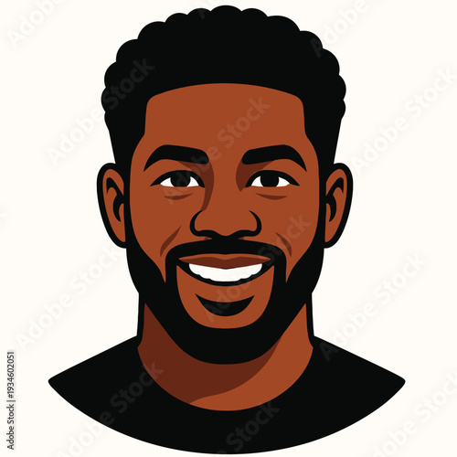 Digital illustration of a smiling dark-skinned man with short curly hair and beard against a white background.