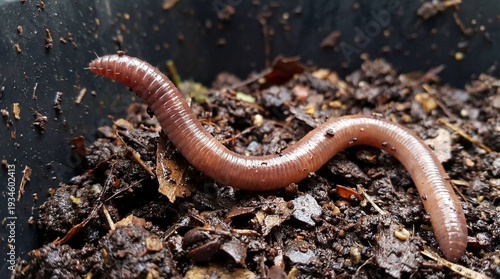 Close-up of a worm crawling in rich compost soil  