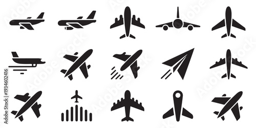Set of black airplane vector icons. various types of aircraft and paper planes. travel and journey symbol