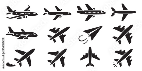 Set of black airplane icons. simple planes silhouettes. various forms of aircrafts, jet, passenger plane