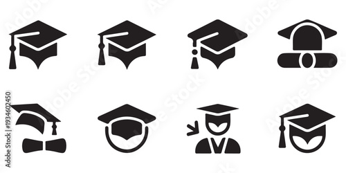 Set of graduation cap icons. student hats with tassel and diploma. academic headwear for ceremony