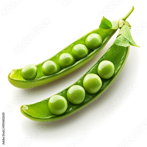 Freshly opened green pea pods, showcasing the vibrant peas within. Each pod reveals a row of perfect green peas, captured in a clean and appealing composition.