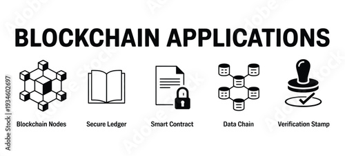 Blockchain Applications Banner & Icon Vector – Nodes, Secure Ledger, Smart Contract, Data Chain, Verification.