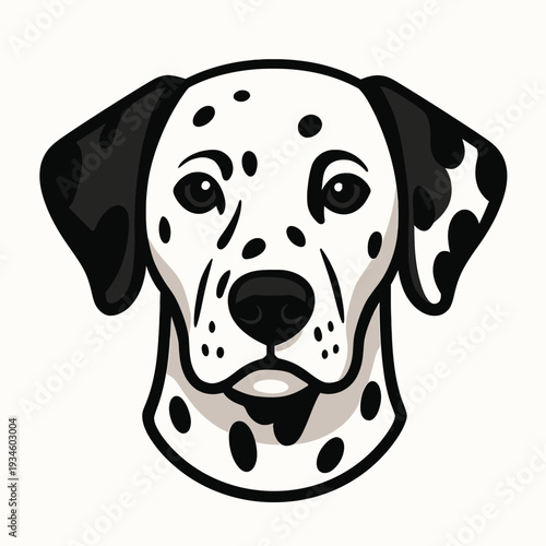 Illustration of a Dalmatian dog's head with black spots on a white background in a cartoon style.