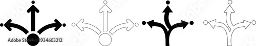 Three way arrow outline and solid black icon for decision making and direction vector set isolated on transparent background