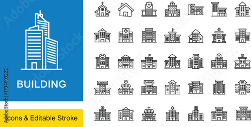 Set of Building Icons, Architecture Symbols, Hospital, Church, School, Office Skyscrapers, Casino and Residential House, CAD Drawing Flat Vector Illustration