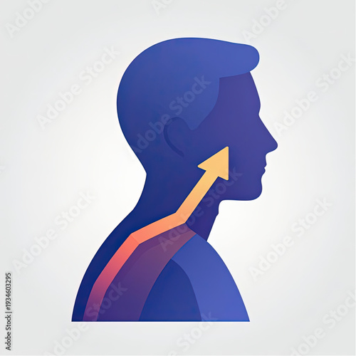 Human Progress as an arrow ascending forward along a  diagonal axis, on a abstract figure profile, representing growth and evolution, clean background.eps
