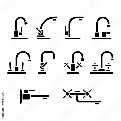 Set of water tap silhouettes, black flat icons of various kitchen and bathroom faucet designs. Vector illustration on white background.
