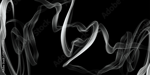 Abstract swirling grey smoke trails on black background, vector illustration, card, style. White smoke effect on a black background, vector illustration. Realistic white fog with volumetric clouds. 