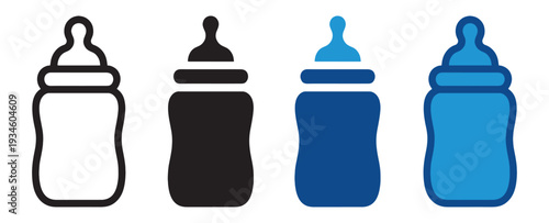 Baby Bottle Icon Set – Infant Feeding and Childcare Vector Illustration.  Flat and Outline Parenting Vector Pack.