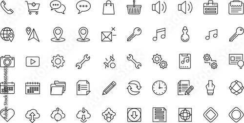 Black line icons, minimal UI symbols, digital interface elements, website tools, multimedia controls, abstract design, app illustration, stock vector