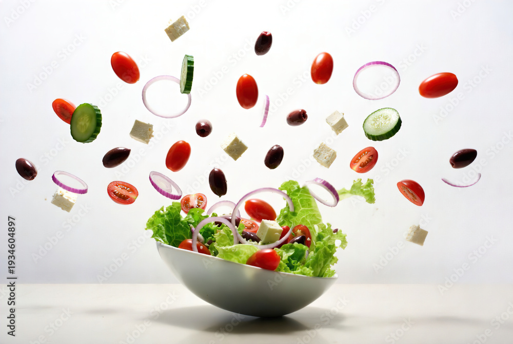 © Evgeniya Uvarova - Fresh salad ingredients including tomatoes, cucumbers, olives, and feta flying into white bowl. Dynamic food splash for health, wellness, and restaurant advertising. © Evgeniya Uvarova - Fresh salad ingredients including tomatoes, cucumbers, olives, and feta flying into white bowl. Dynamic food splash for health, wellness, and restaurant advertising.
