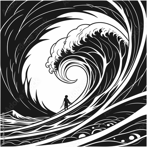Intense Surfer Riding Giant Wave in Dynamic Black and White Graphic Illustration, Extreme Sports Challenge