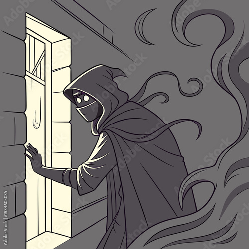 Enigmatic Hooded Figure Peeking Through Barred Window at Night, Urban Mystery and Intrigue Illustration