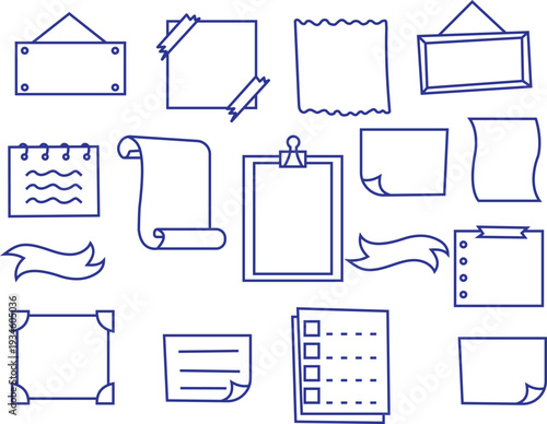 Business Planner Paper Elements Vector Set – Checklist, Clipboard, Sticky Notes and Scroll Banners Outline Collection