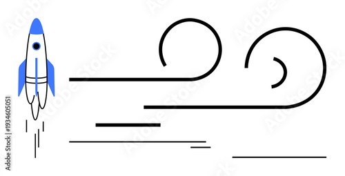 Blue and white rocket blasting off, emitting clean geometric trails symbolizing speed and energy. Ideal for innovation, startup growth, progress, ambition, technology, success, and space exploration