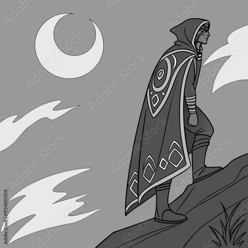 Mysterious Hooded Figure Ascending a Hill Under a Crescent Moon, Dark Fantasy Adventure Illustration