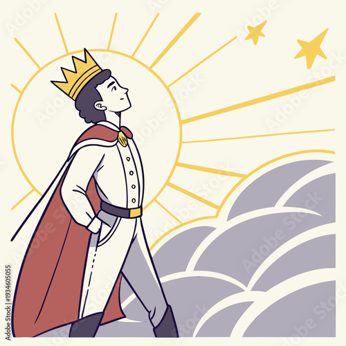 Confident Prince or Young King Walking Towards the Sun and Stars, Inspiring Journey Illustration