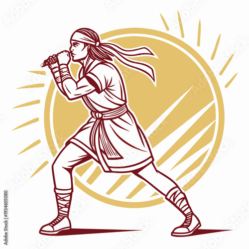 Ancient Warrior or Martial Artist Illustration in Dynamic Pose with Sun Symbol Background