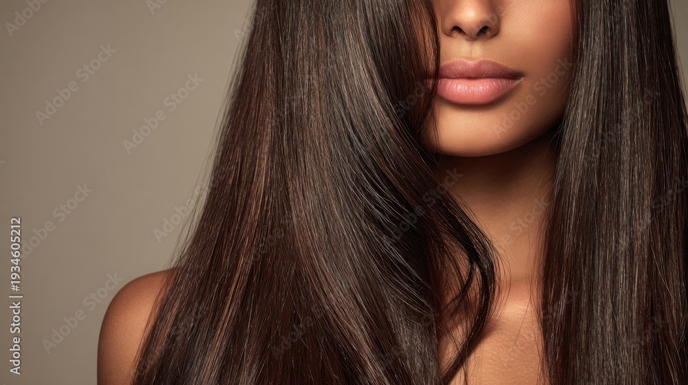 Fototapeta premium Close up of woman with long straight shiny brown hair and smooth lips, beauty concept