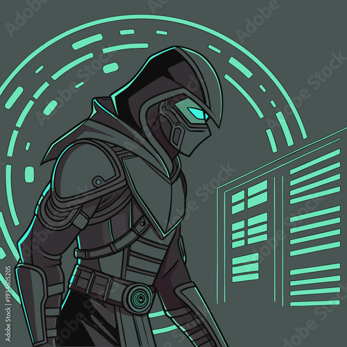 Dark Cyberpunk Assassin in Hooded Armor with Glowing Eyes in a Futuristic City - Sci-Fi Thriller Vector Illustration