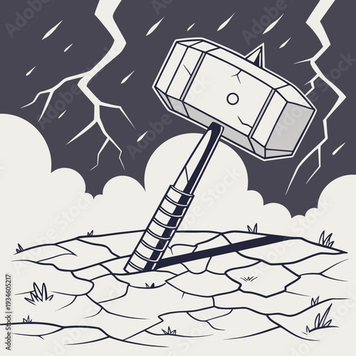 Mythical Hammer Stuck in Cracked Earth with Dramatic Lightning Sky - Symbol of Power and Divine Force Vector Illustration