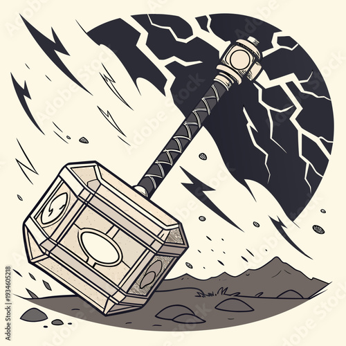 Powerful Hammer Strike Illustration with Lightning and Cracked Earth in Grayscale, Dynamic Fantasy Concept.