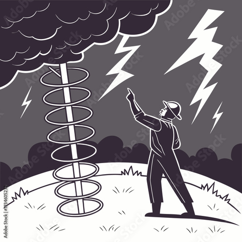 Man in Hard Hat Pointing at a Destructive Tornado with Lightning and Stormy Clouds in Monochromatic Style.