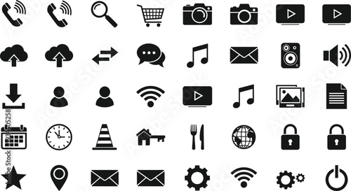 Digital interface icons, communication symbols, multimedia tools, user experience graphics, modern app elements, navigation essentials, minimal line art, technology workflow design