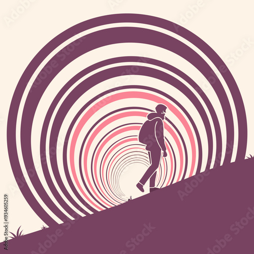 Solitary Hiker with Backpack Ascending a Hill into an Abstract Tunnel of Concentric Circles, Journey Concept.