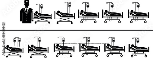Black hospital ward silhouette set, medical clinic patient beds with IV drips,