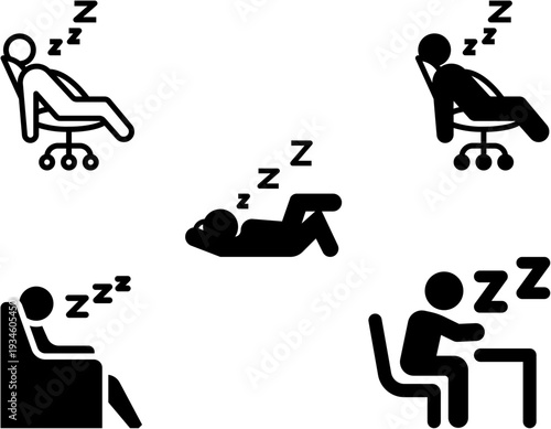 Stick figures sleeping in various positions, including office chairs, a couch, and lying down, depicting tiredness and rest.
