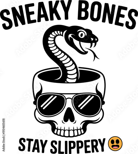 Skull with snake and sunglasses sneaky bones stay slippery