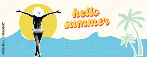 summer holiday vacation horizontal banner with woman Retro vintage pop art comic style collage banner for social media banner arms outstretched facing sun on ocean waves with palm trees illustration